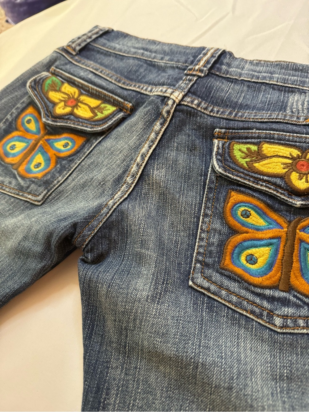 Frankie B. Blue Denim Flared Jeans with Colorful Embroidered Butterfly Pockets - Picture 4 of 6